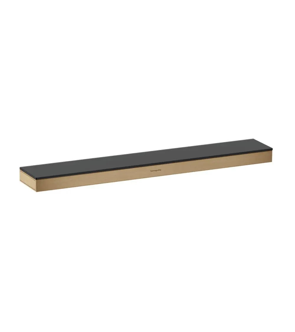 Ablage mit schwarzer Oberfläche und gebürstetem Bronzerahmen, präsentiert von Hansgrohe. Schlichtes Design, geeignet für Badezimmer oder ähnliche Räume.